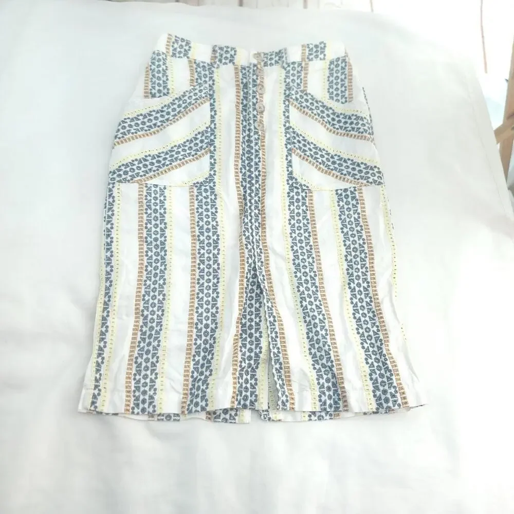 Anthropologie Cream Blue Striped Pockets Buttons Size 4 Pencil Skirt